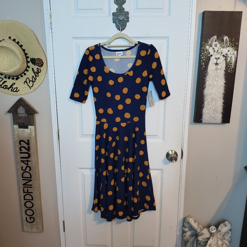 LuLaRoe Nicole Dress Navy Blue Polka Dot Fit & Flare Size XS